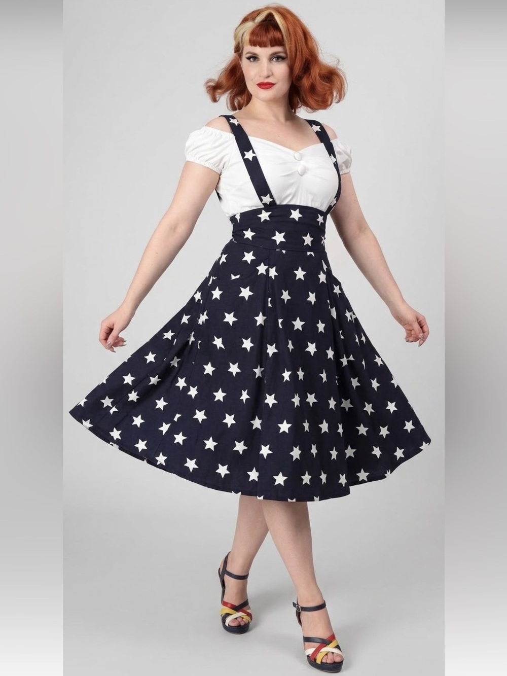 NWT Collectif Alexa Stars Swing Suspender Skirt - Navy Retro Vintage Inspired